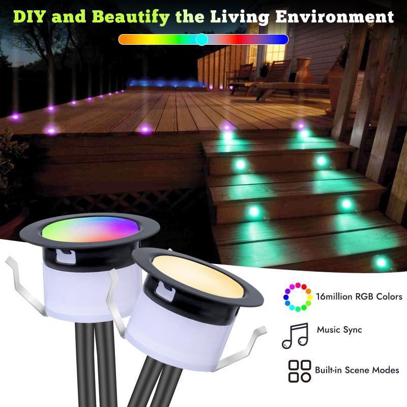 FVTLED LED Deck Lights Kit, 10pcs Î¦1.22 WiFi Smart Phone Control Low Voltage Recessed RGBW Deck Lighting Waterproof Outdoor Yard Path Stair Decor, Black - Image 2